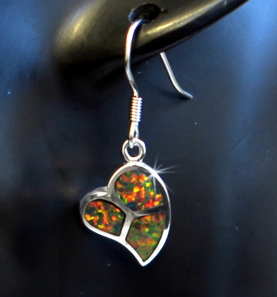925 REAL SILVER RHODIUM PLATED *** Opal Red Brown Synth. Leaf Earrings 33mm