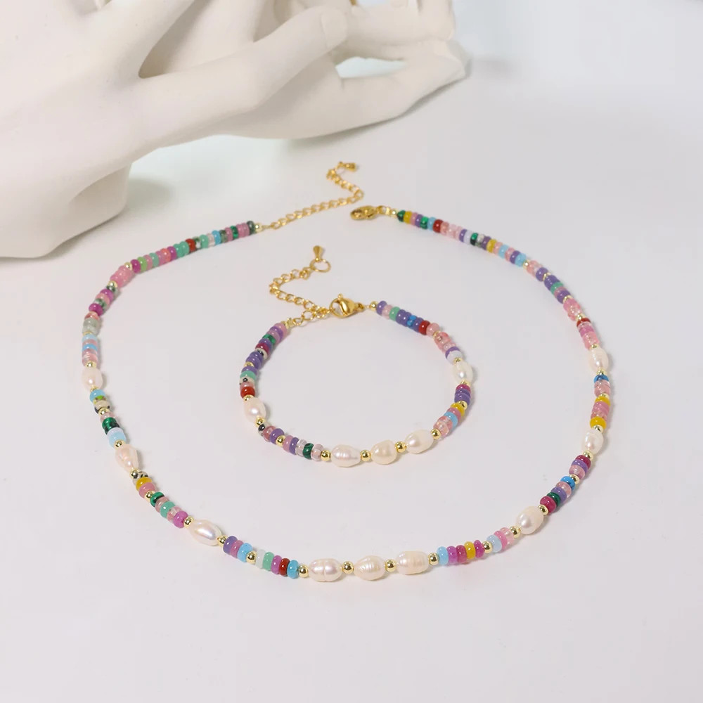 Colored Natural Stone Pearls Necklace Jewelry Women 18K Gold Plated Korean Desig