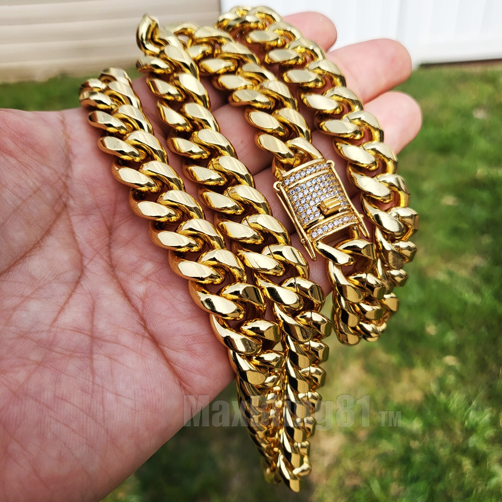 Hip Hop Gold Stainless Steel Miami Cuban 10mm 12mm 8.5″ ~ 30″ Chain Icy Necklace