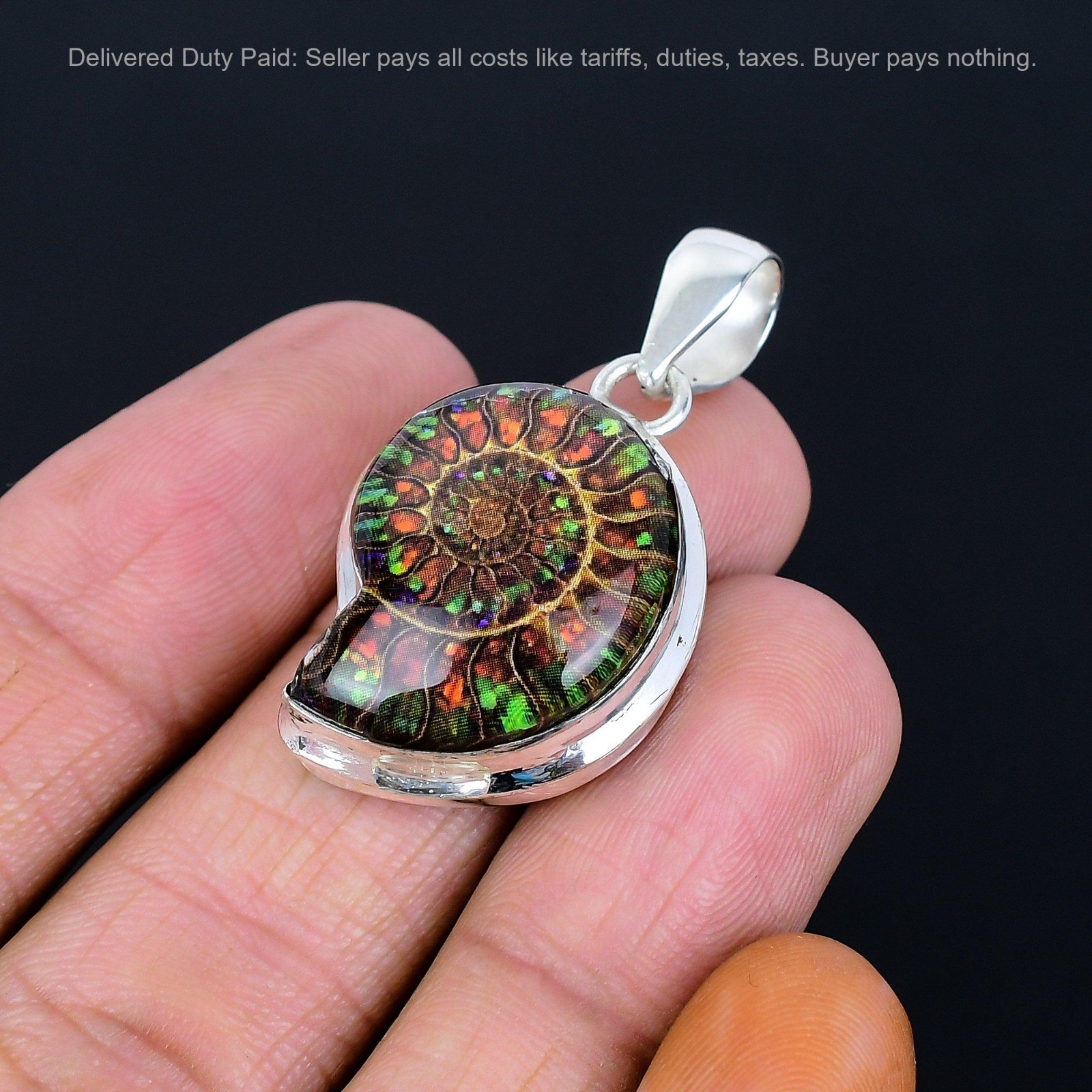 Sterling Silver Pear Natural Ammonite Doublet Opal Mother Birthday Boho Pendant