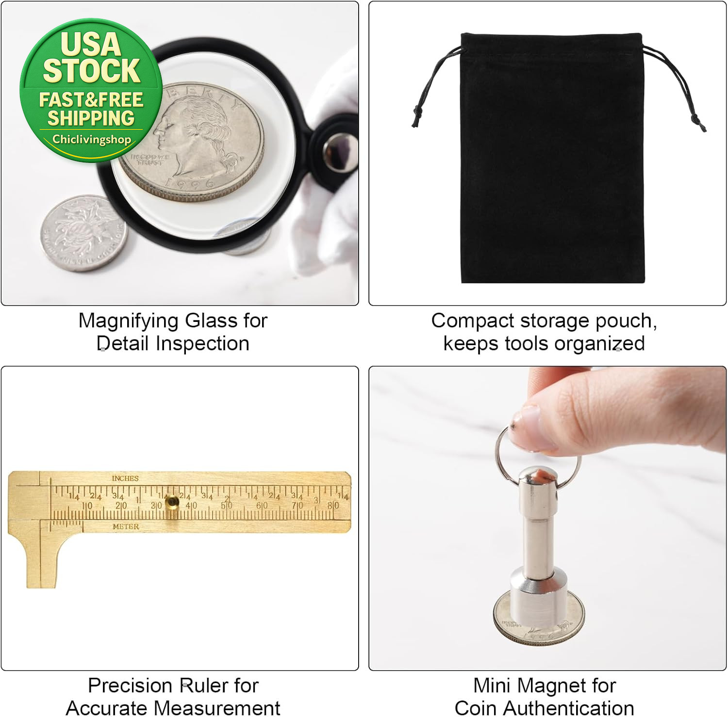 Coin Testing Kit for Silver Gold Coins Portable Pinger Magnet Measuring Caliper