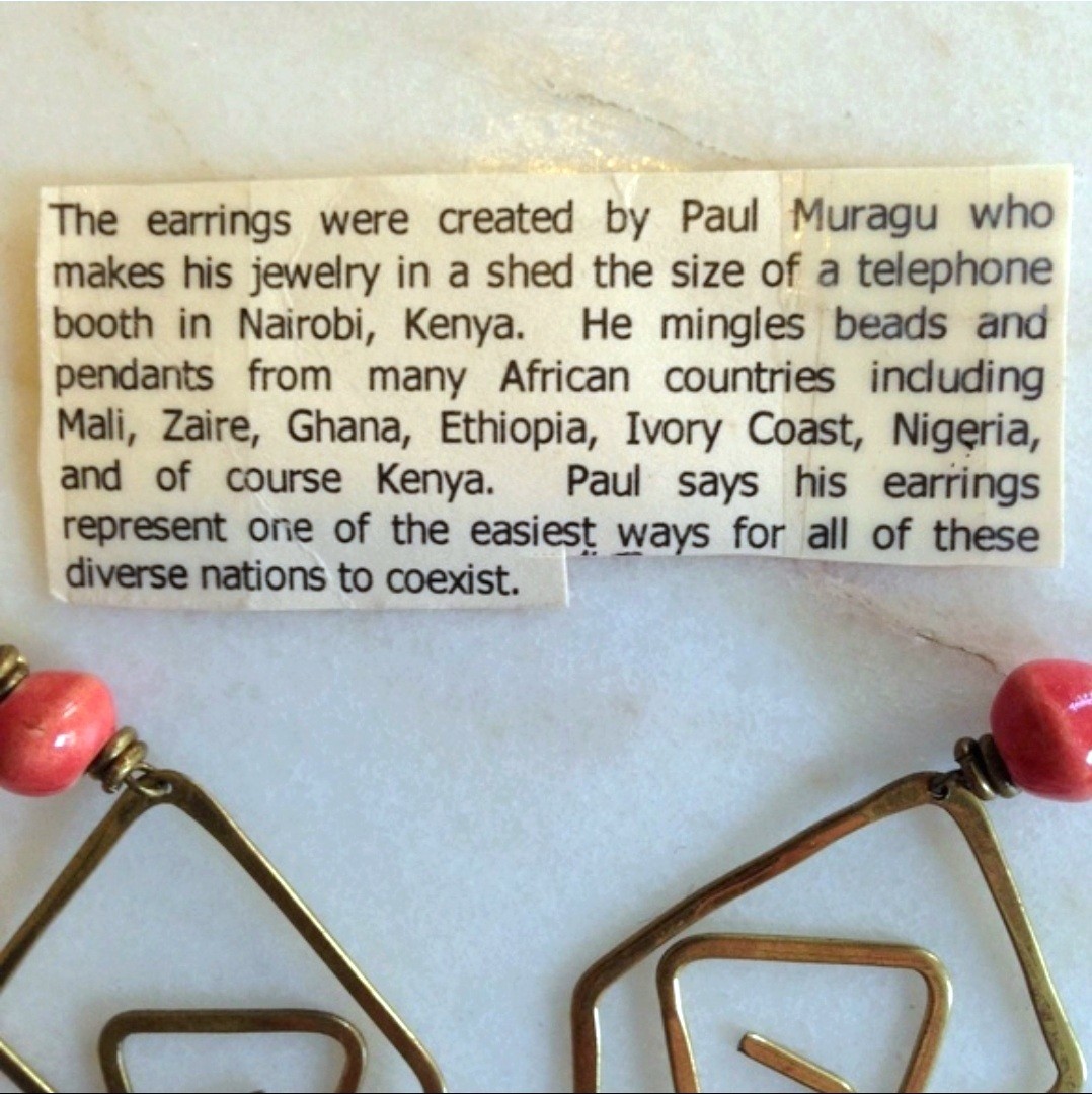 Paul Muragu Nairobi Kenya Handmade Brass Wire Geometric Earrings Red Coral Beads