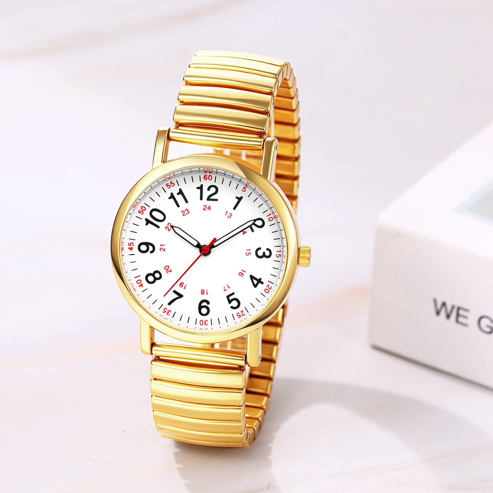 Women’s 12H/24H Big Dial Easy Reader Elastic Band Analog Quartz Cuff Wrist Watch