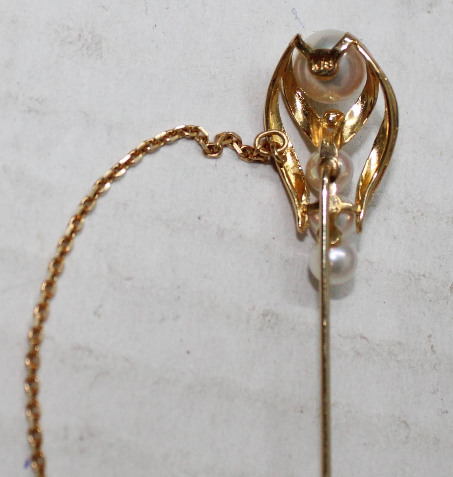 18K Gold & 4 Pinkish Pearls Stick Pin / Brooch 3.3 Grams 3 1/2″ Long