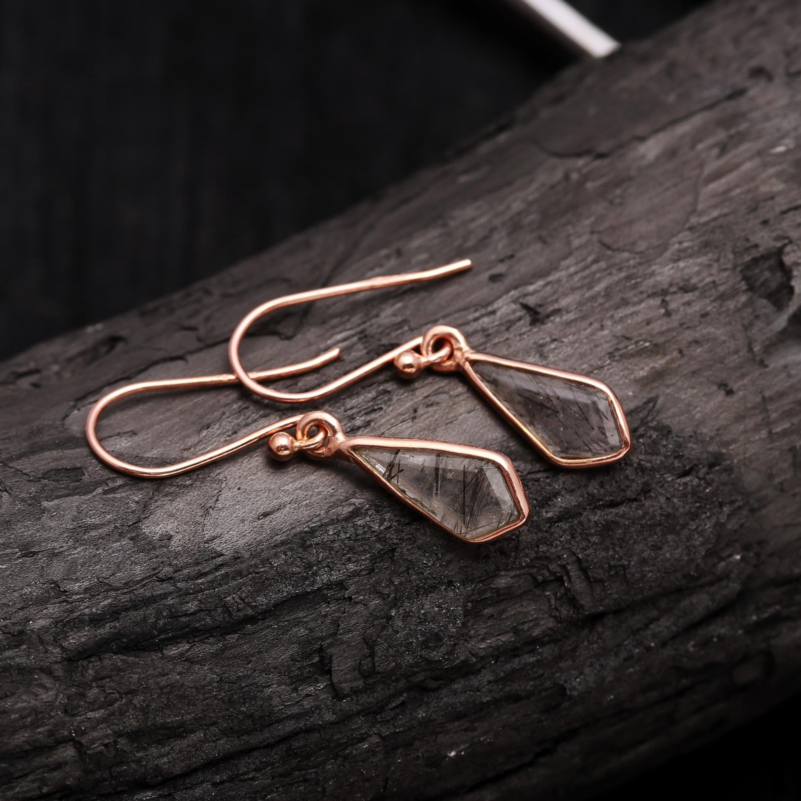 Natural Black Rutile Kite Dangle Earrings Rose Gold Plated Solid Silver Jewelry