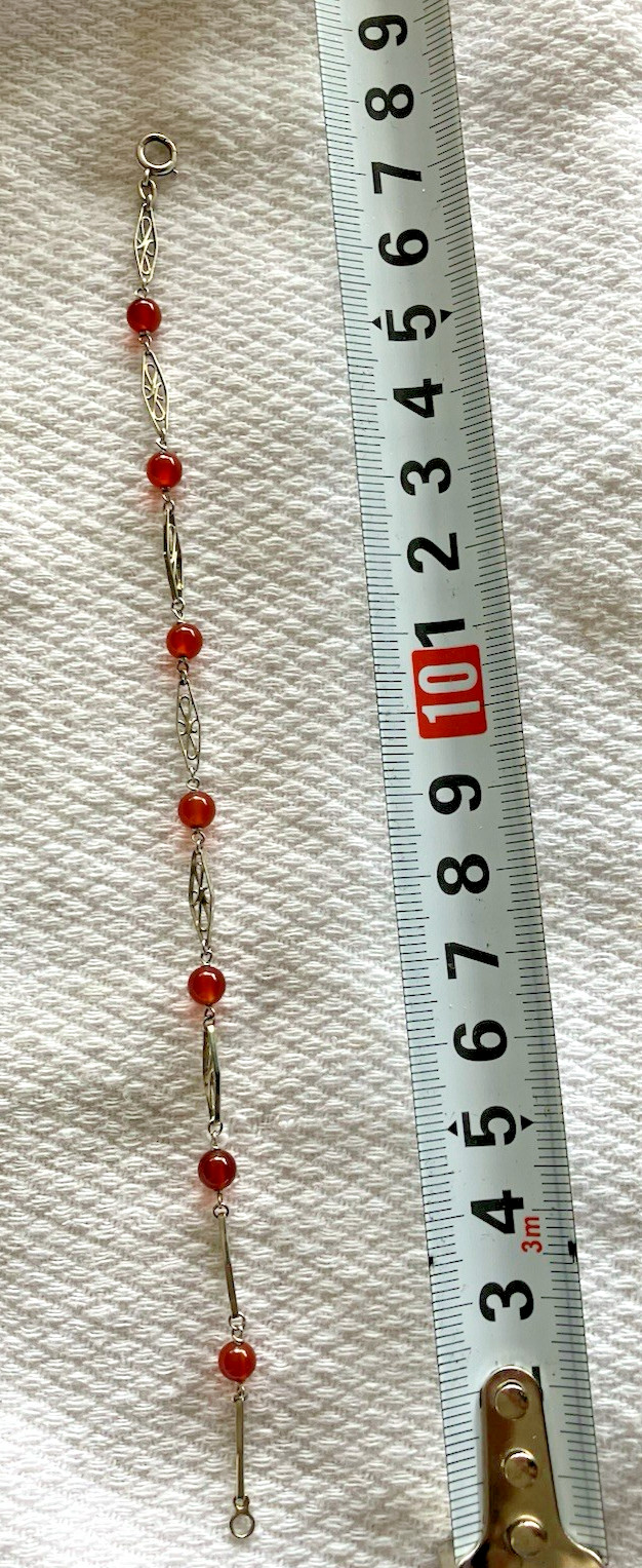 Dainty 10K White Gold Spessartine Garnet Bead Filigree Link Bracelet Vintage