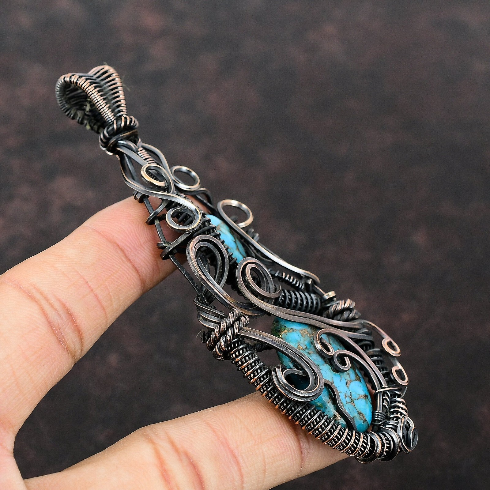 Gift For Women Jewelry Wire Wrapped Pendant Copper Blue Turquoise Gemstone 4.17″
