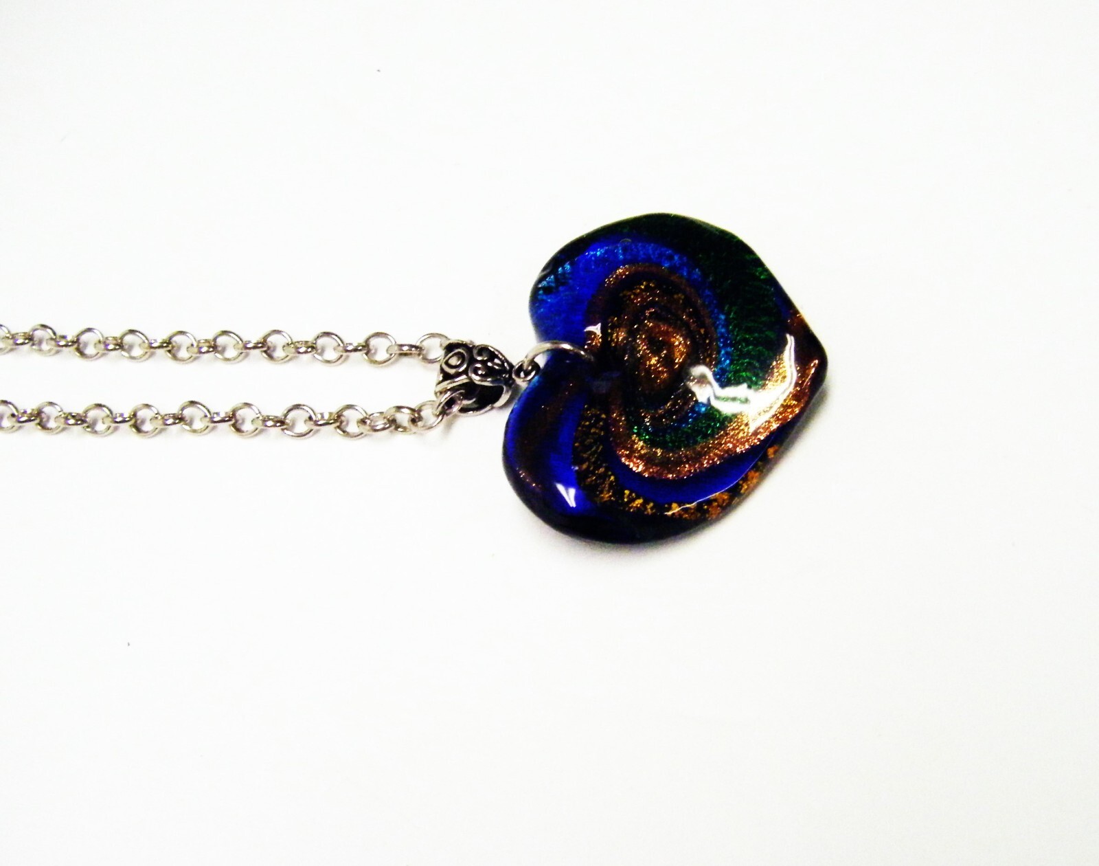 Blue/Green/Gold Dichroic Glass Heart Pendant Necklace