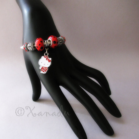 Red Hello Kitty Ladybug European Charm Bracelet With Black And Red Beads