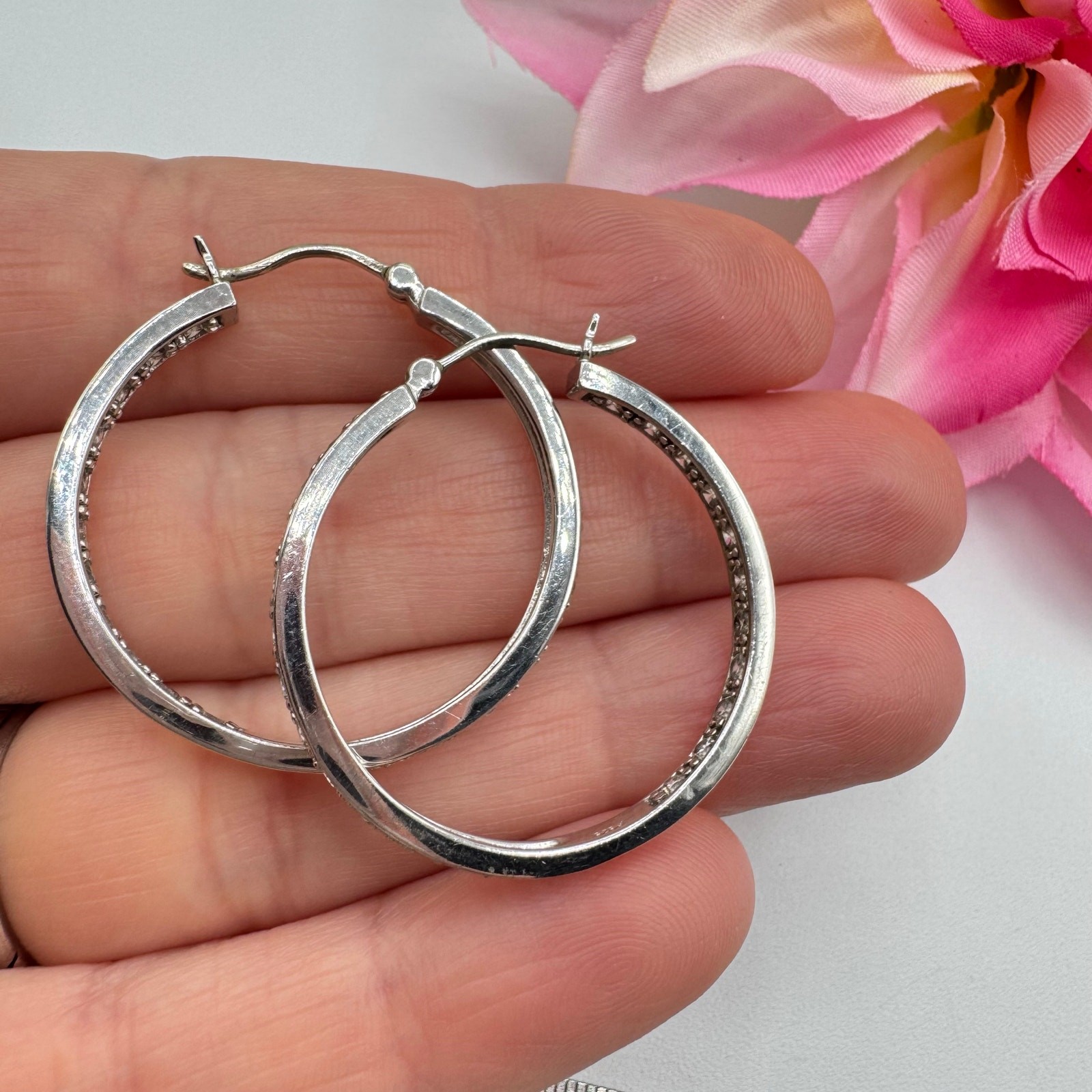925 Sterling Silver CZ Front Back Hoop Earrings Acid Tested Signed 1 1/4” 7.36 g