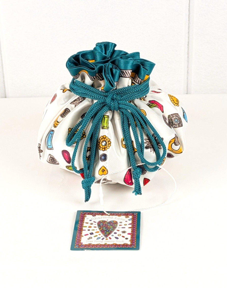 BRIGHTON “Charmed Love” Draw-String Jewelry Pouch Teal White Satin w/Jewels NEW