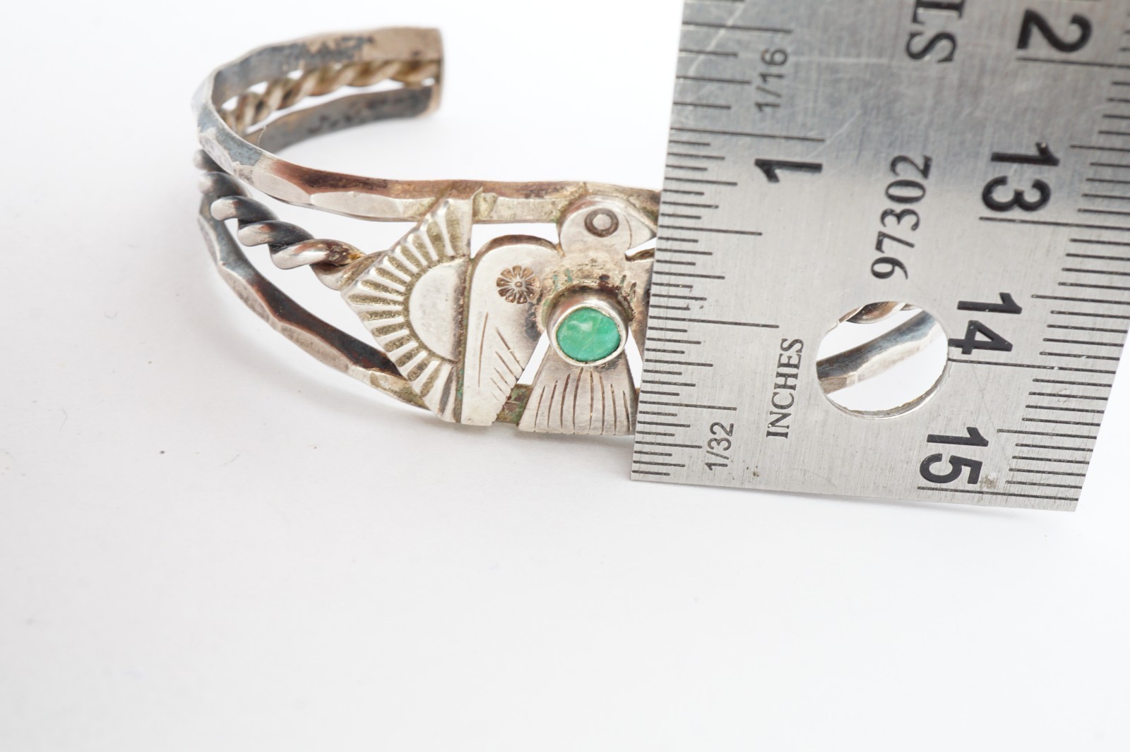 Vtg Fred Harvey Ear Navajo Sterling Silver Turquoise Thunderbird Bracelet 6.25″
