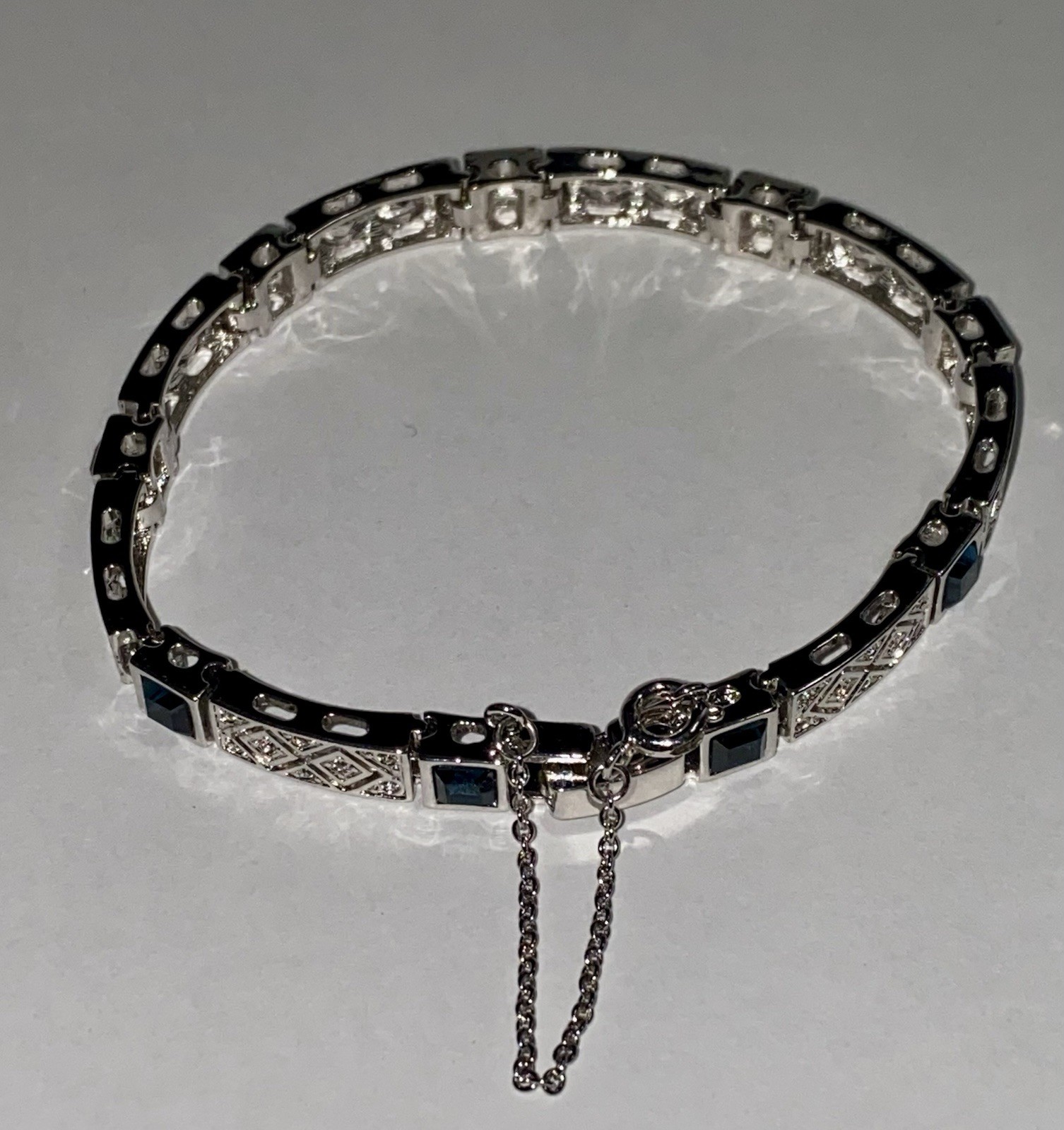 Art Deco Blue Stone and CZs Bracelet With Chain And Safety Clasp Joan Rivers