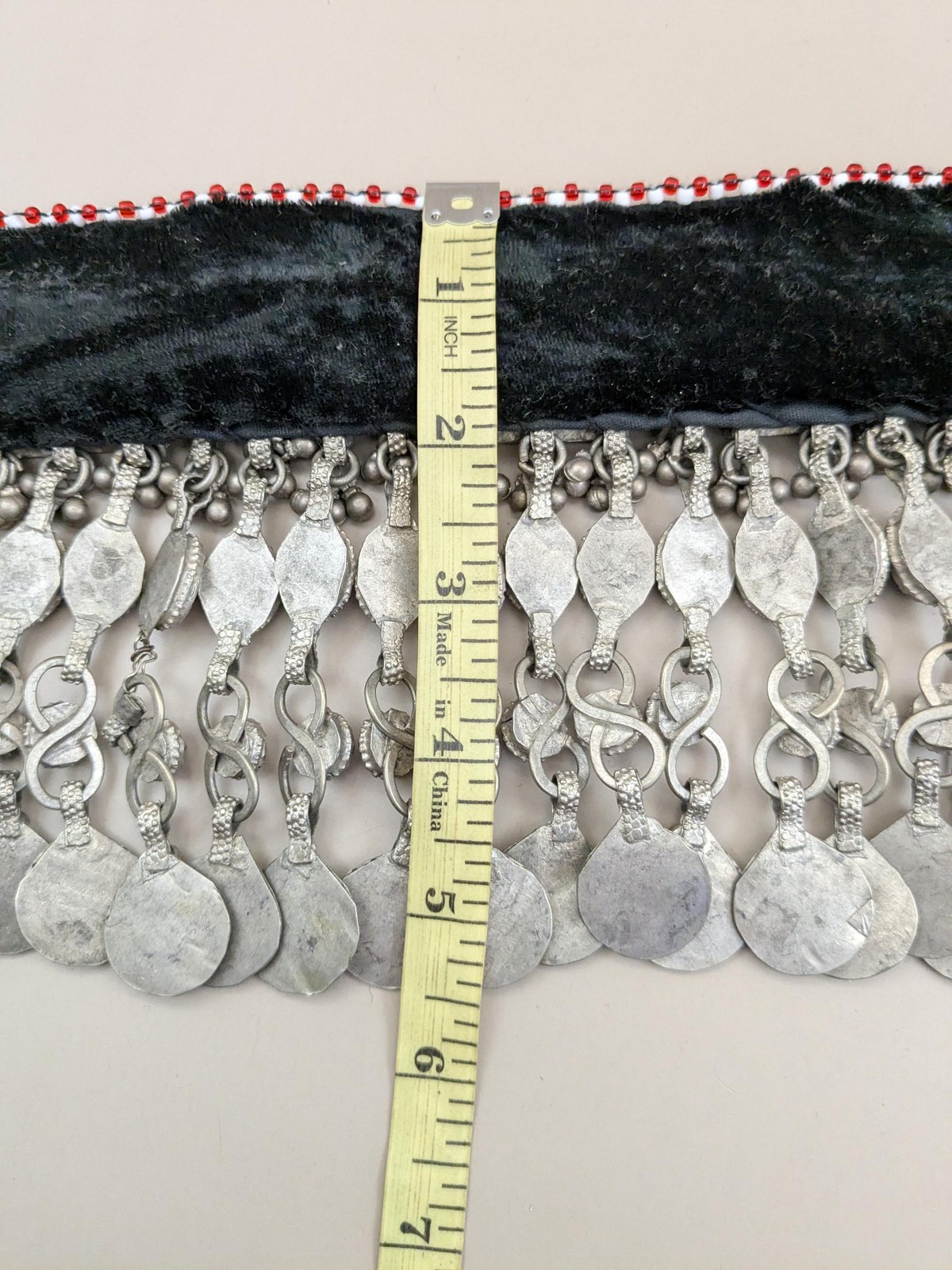 Vintage Kuchi Tribal Choker Bib Necklace Jingling Dangles Red Glass (19576)