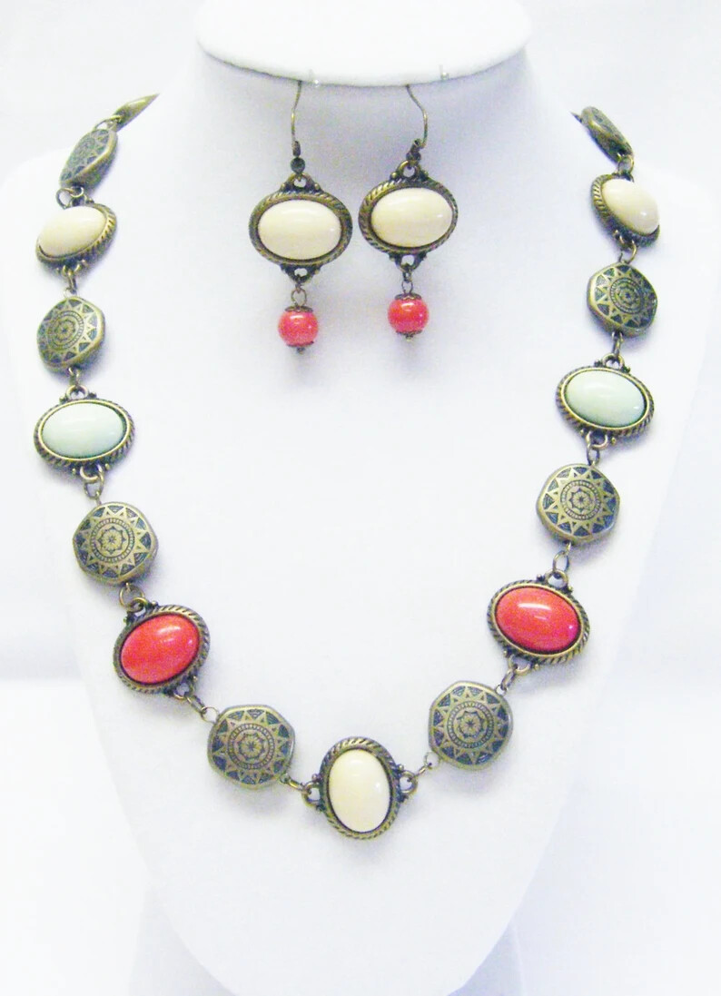 Multicolor Oval Resin Cabochon in Antique Bronze Base Necklace/Earrings Set