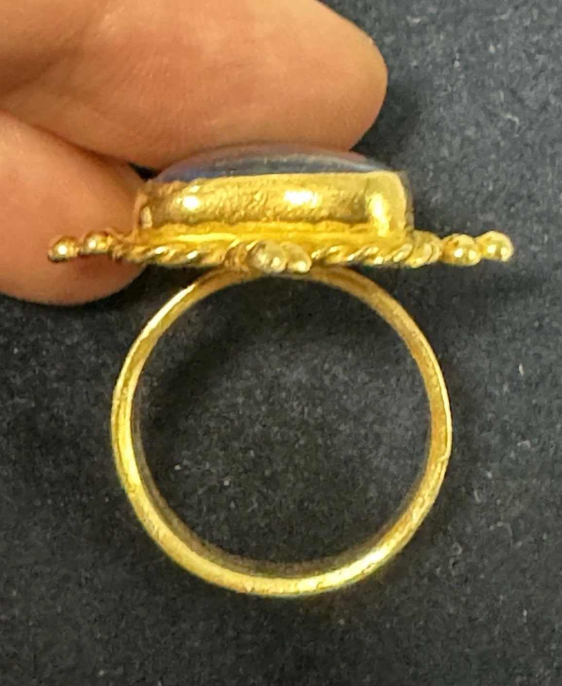 Gold Tone Statement Cocktail Ring Dark Stone Rectangular Cabochon Ornate