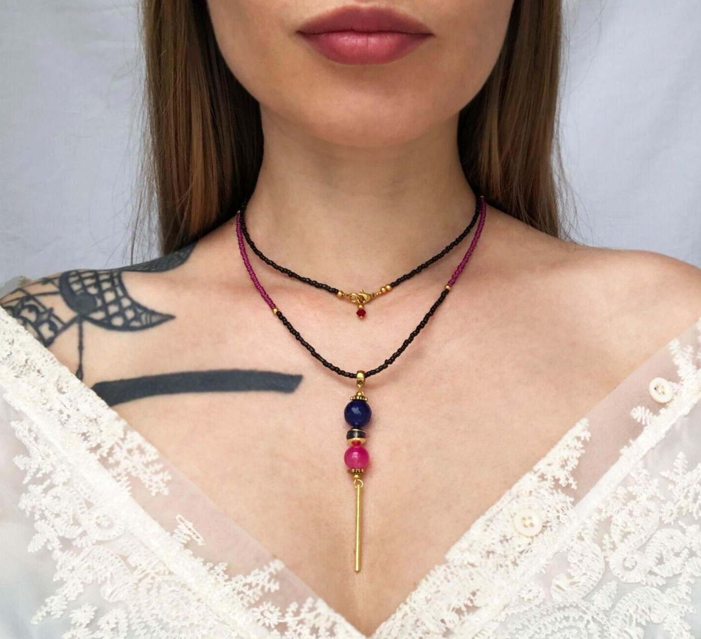 Long dainty boho necklace, accent wrap around seed bead necklace