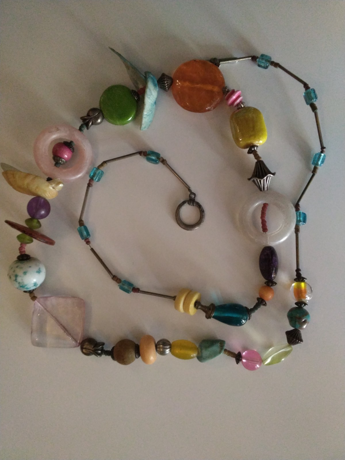 Vintage Bohemian Mixed Media Beaded Necklace 34″ Art Glass Wood Stone Shell