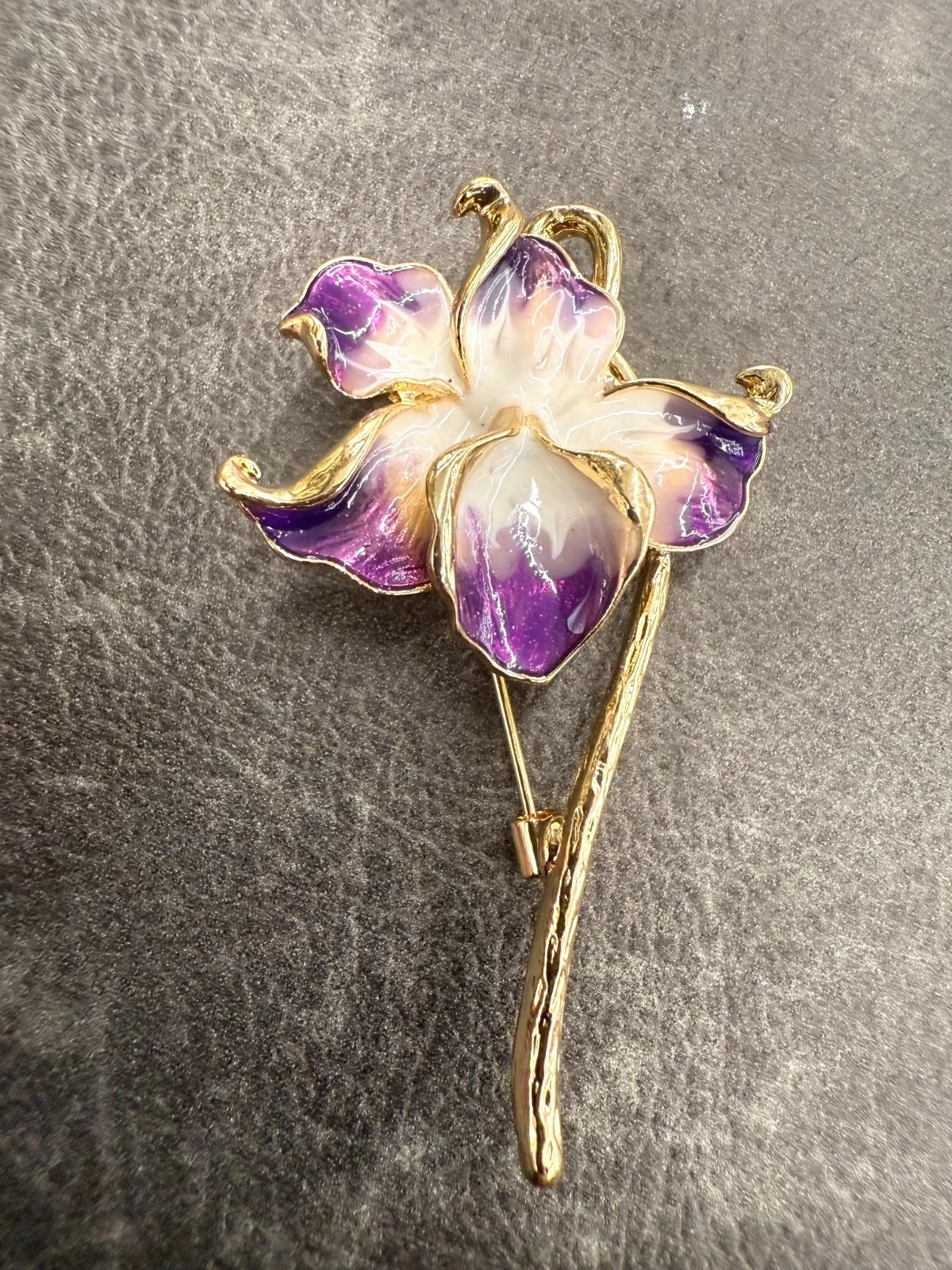 New Orchid Enamel Flower Brooch, 2.28-Inch, 14K Gold‑Plated Pin