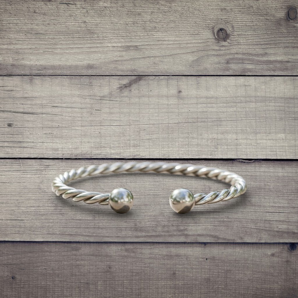 925 Sterling Silver Twisted Rope Ball Cuff Bracelet – Adjustable Engraved Bangle