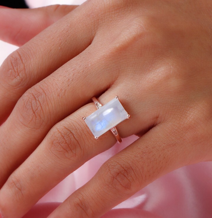 Moonstone And Diamond Ring Vermeil Rose Gold Sterling Silver S9 ( 5.85ctw)