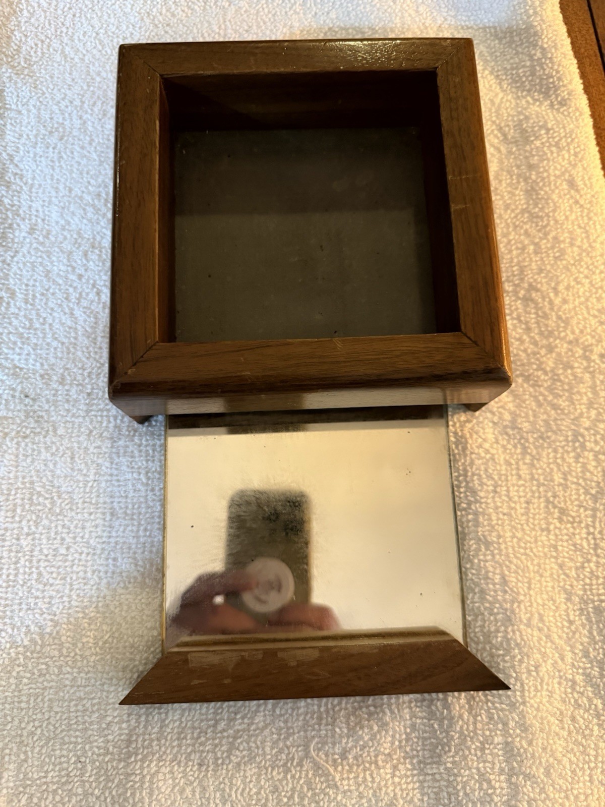 Vintage Walnut Trick Jewelry Box w/ Secret Slide Compartment & Hidden Mirror Old