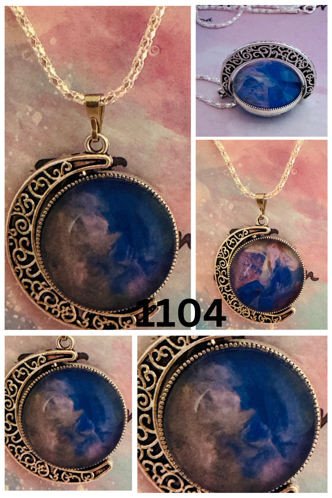 Crescent Moon Rotating Cabochon Pendant One of a kind painted by a local Artist