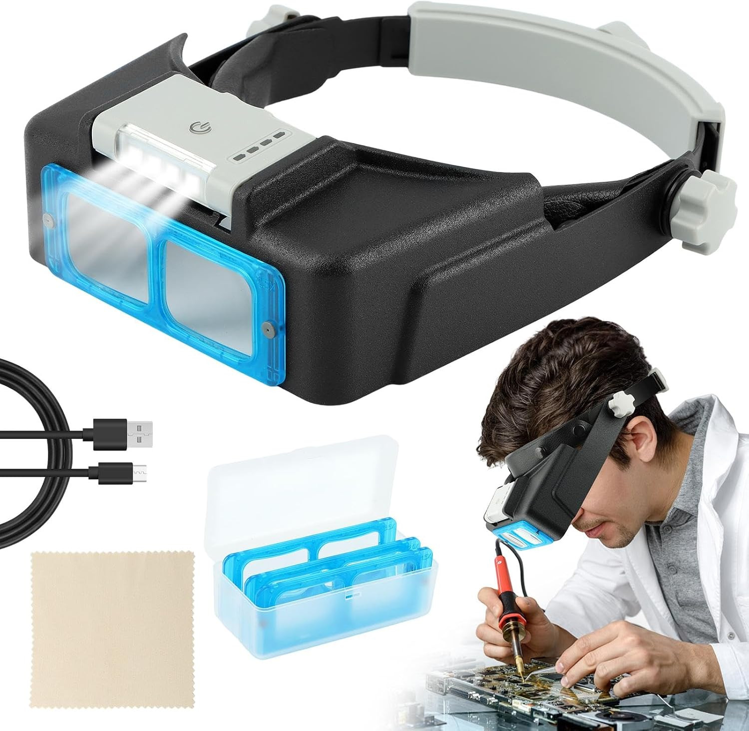 Headband Magnifier with Light,Rechargeable Magnifying Glasses for Close WorkMagn