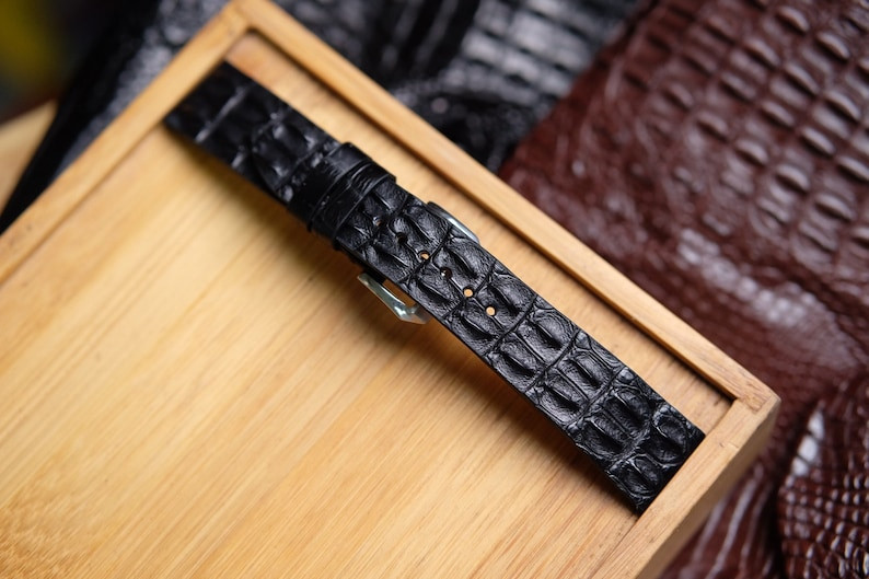 Black Leather Hornback Watch Strap Silver Buckle Custom Watch Band Handmade
