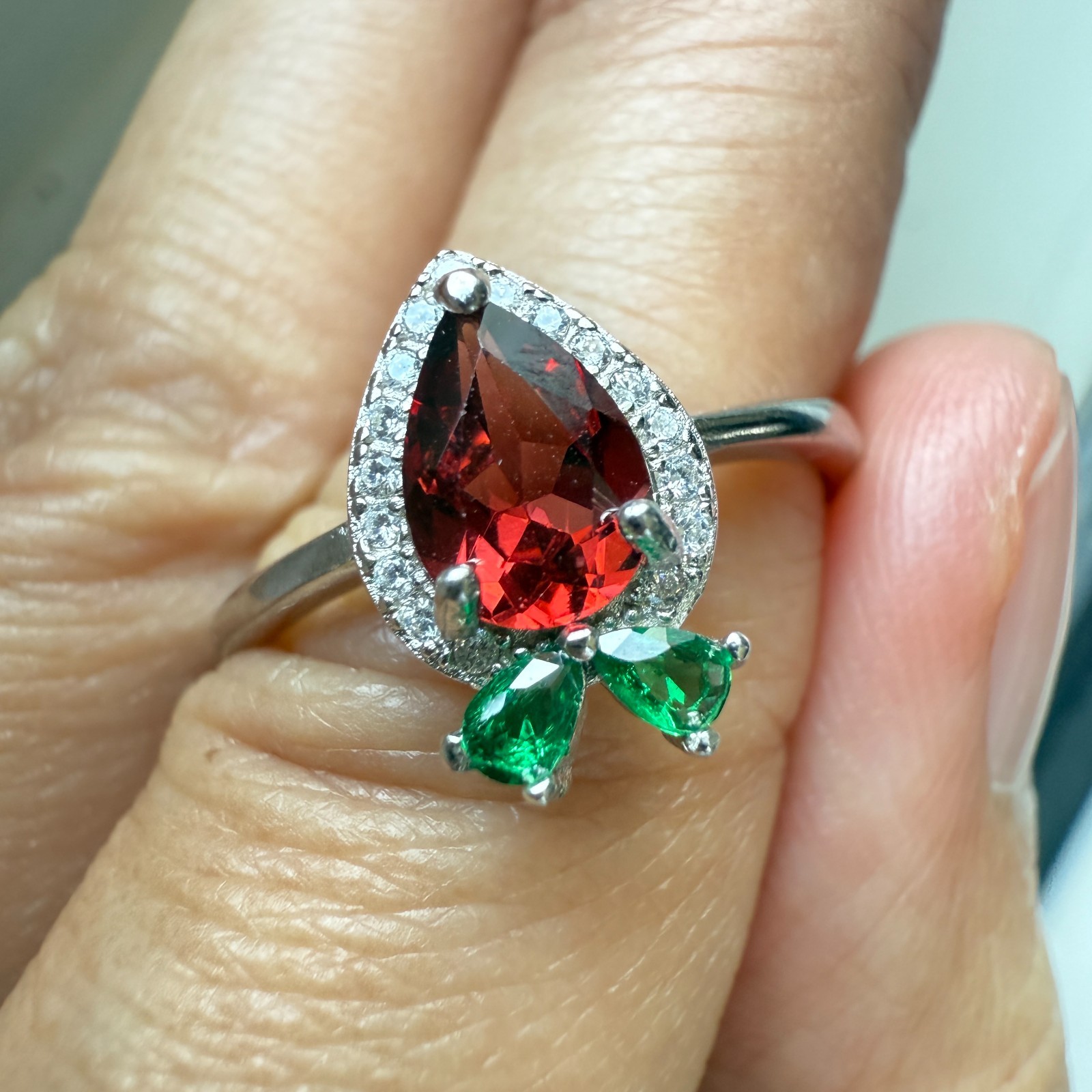 925 Sterling Silver Ring 7x5mm Natural Rhodolite Garnet Zircon Carrot Diopside