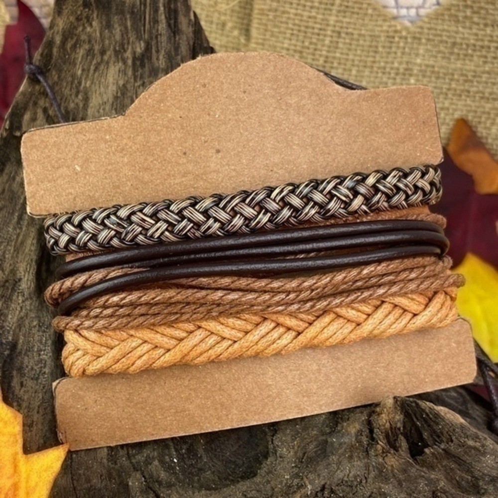 Mens Bracelets Bundle Adjustable Faux Leather & Hemp Bracelets Bundle
