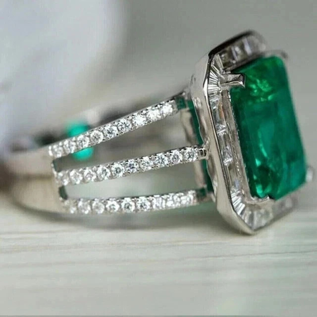 3.00Ct Emerald Cut Lab Created Emerald Halo Women’s Ring 14K White Gold Plated