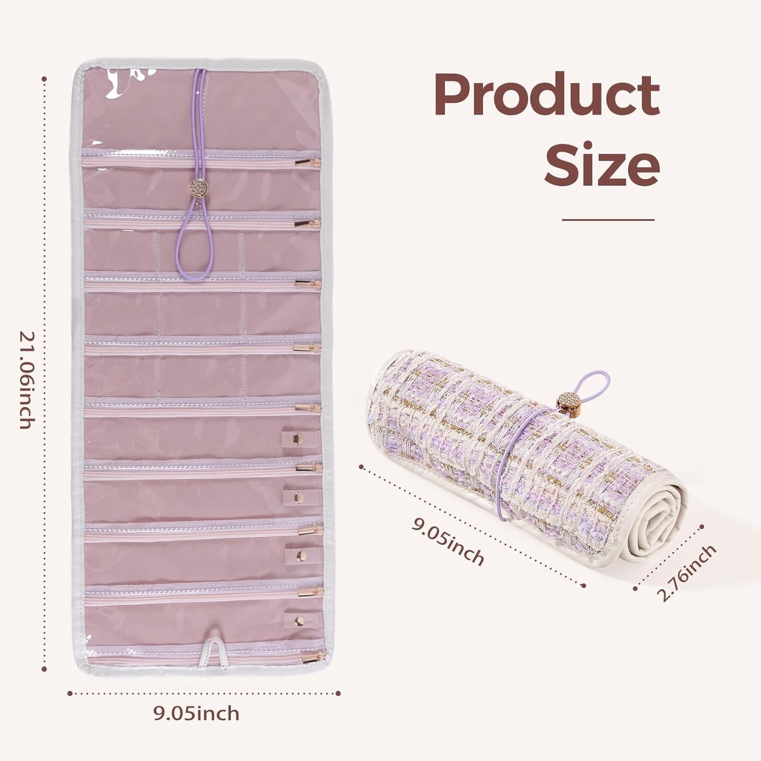 Travel Jewelry Organizer Roll W/ Zippered Pockets Hangable Tangle-Free Portable
