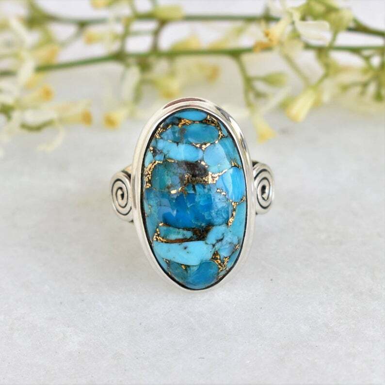 925 Sterling Silver Blue Copper Turquoise Oval Shape Handmade GENUINE Ring