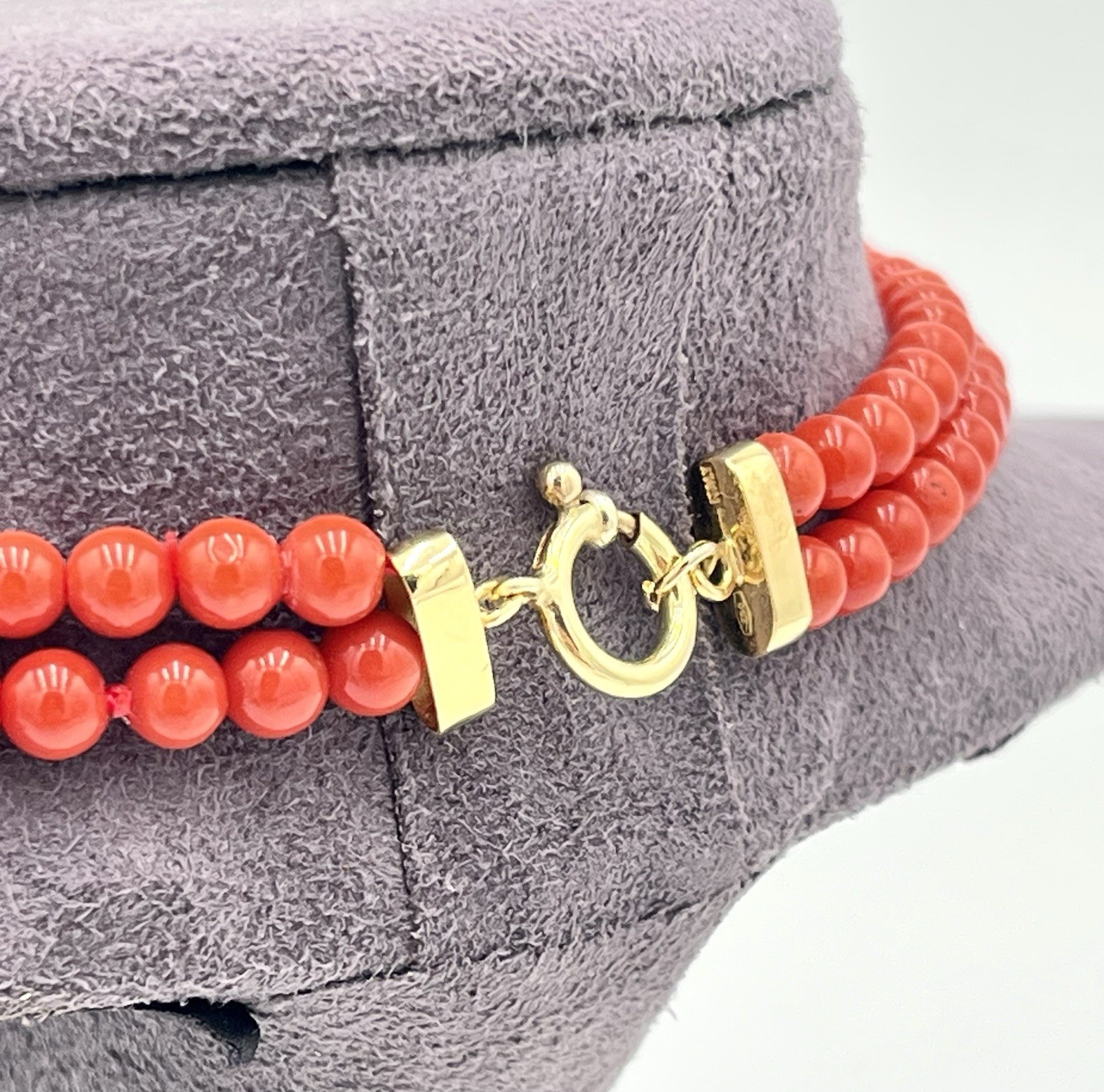 Mediterranean Red Coral Necklace 2 Strands 5mm 18kt Gold Handmade Made In Italy