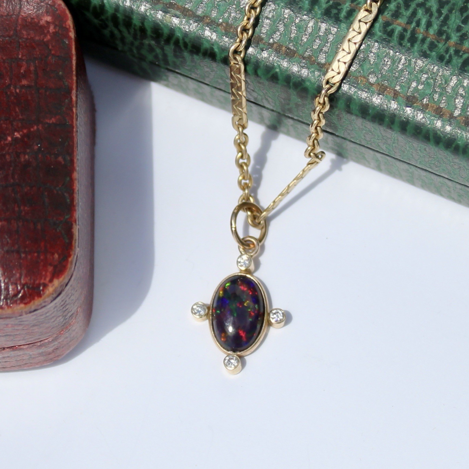 Black Opal Cabochon & Diamond Pendant, 2.12 Carats 14K Gold