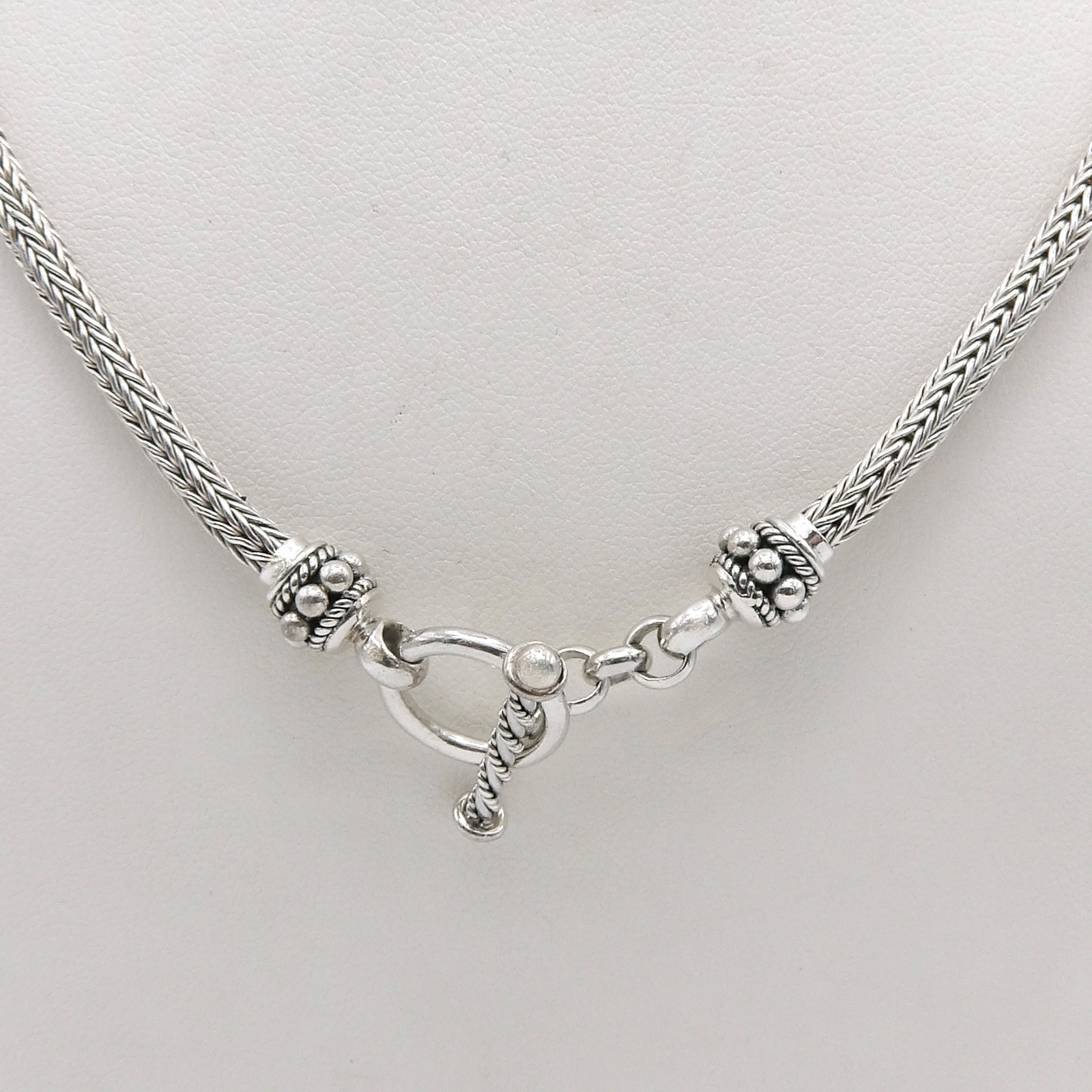 Sterling Silver Bali Round Wheat Link Chain Toggle Necklace 18in 4mm