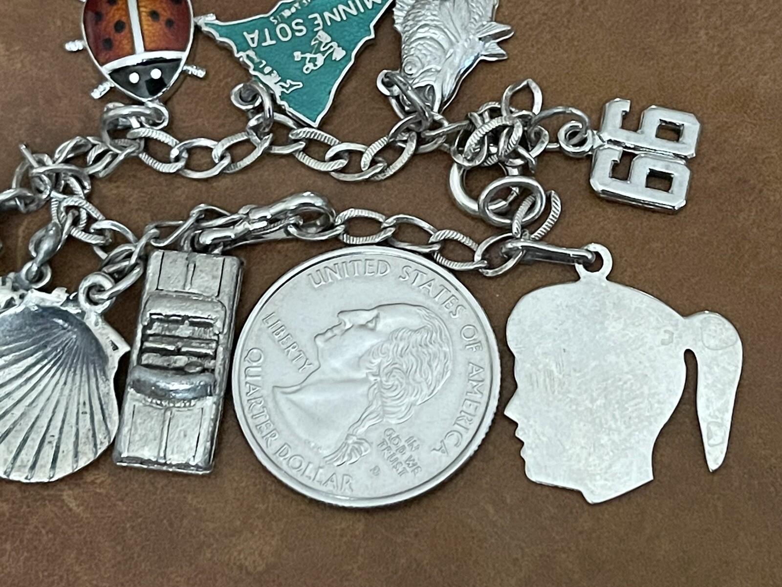 Vintage 9 Dangle Charms 925 Sterling Silver On Curb Link Chain Bracelet 7” In