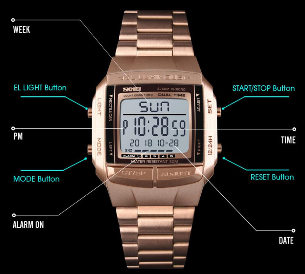 SKMEI Men Sport Watches Electronic Digital Watch LED Alarm Male Steel Wristwatch