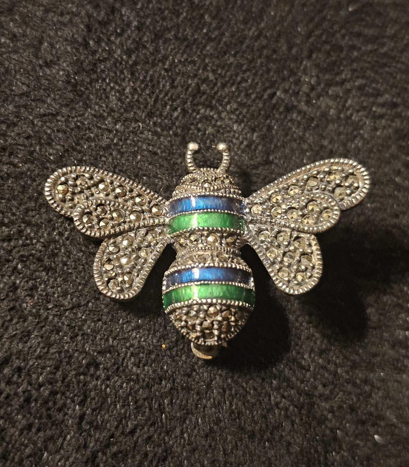 Vintage Sterling Silver Bee Brooch Blue Green Enamel 1.5″ 5.57g