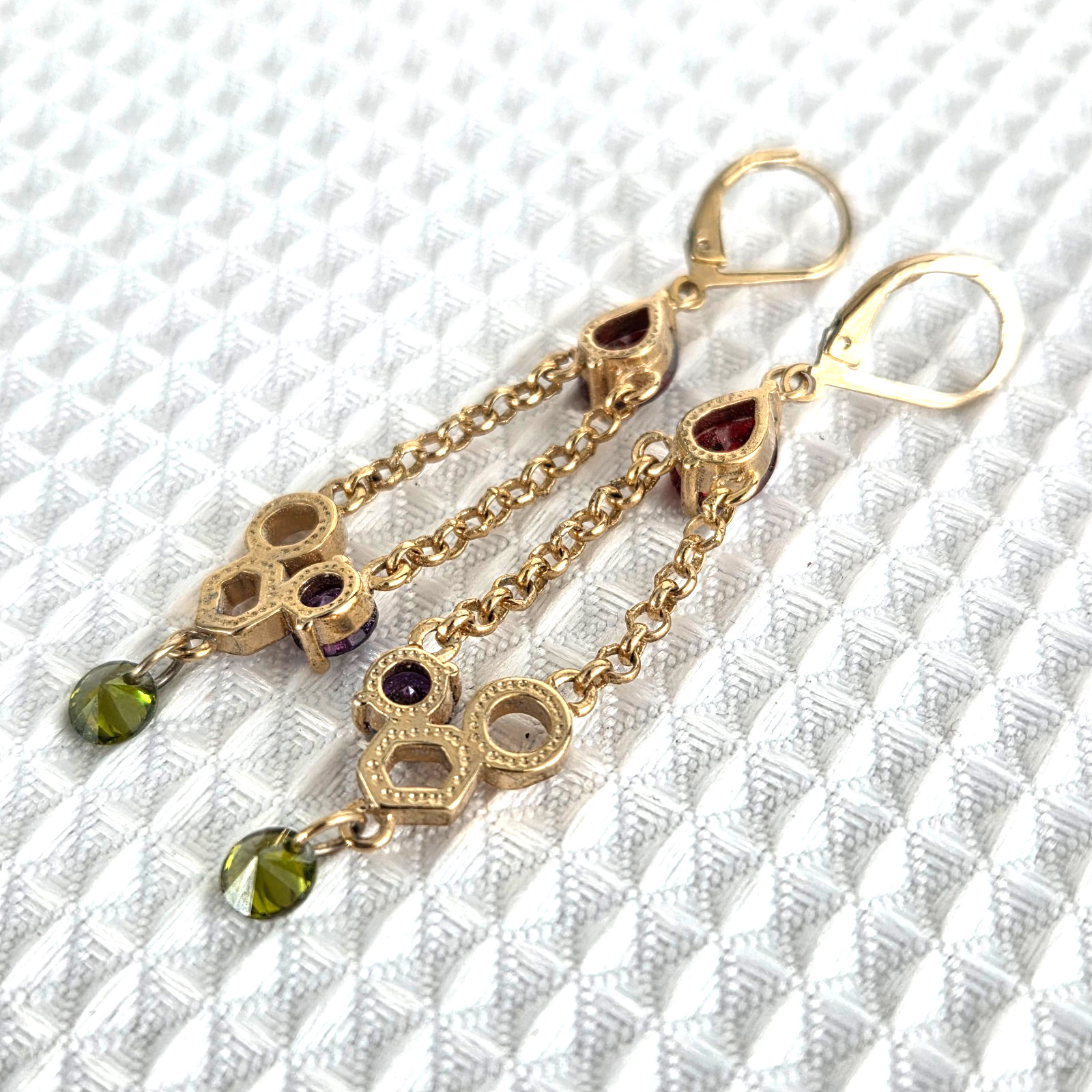 Golden Dangle Earrings Faux Gemstone Chain Green Purple Red Teardrop 2.5″