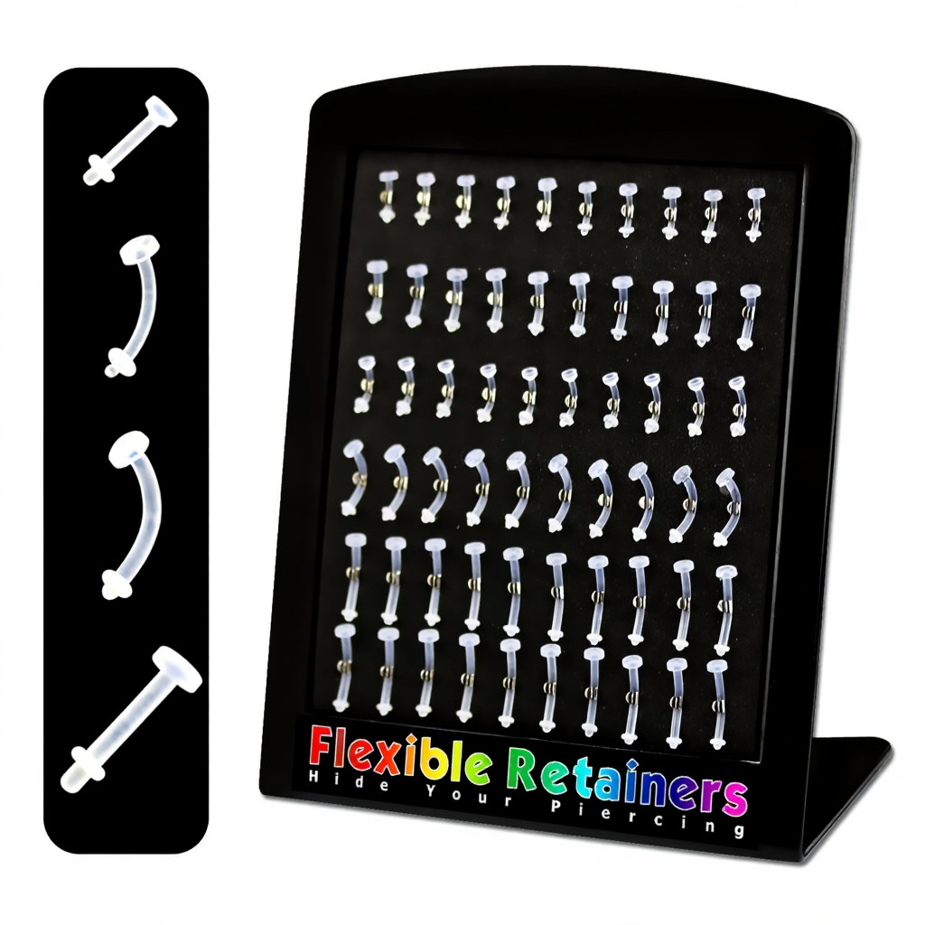 60pcs L-Stand Acrylic Display with Clear PTFE Flexible Retainer Rings 14G & 16G