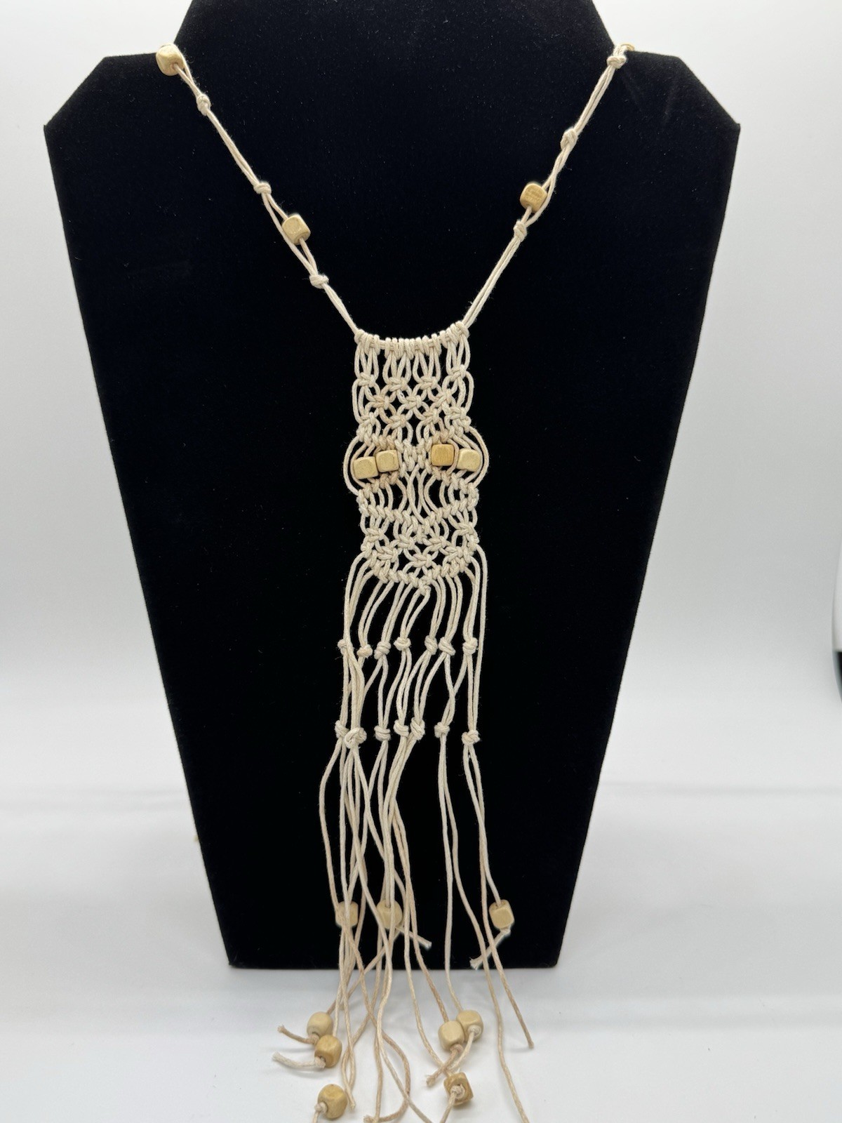 Handmade Boho Macramé Fringe Necklace Adjustable Natural Wood Beads Artisan