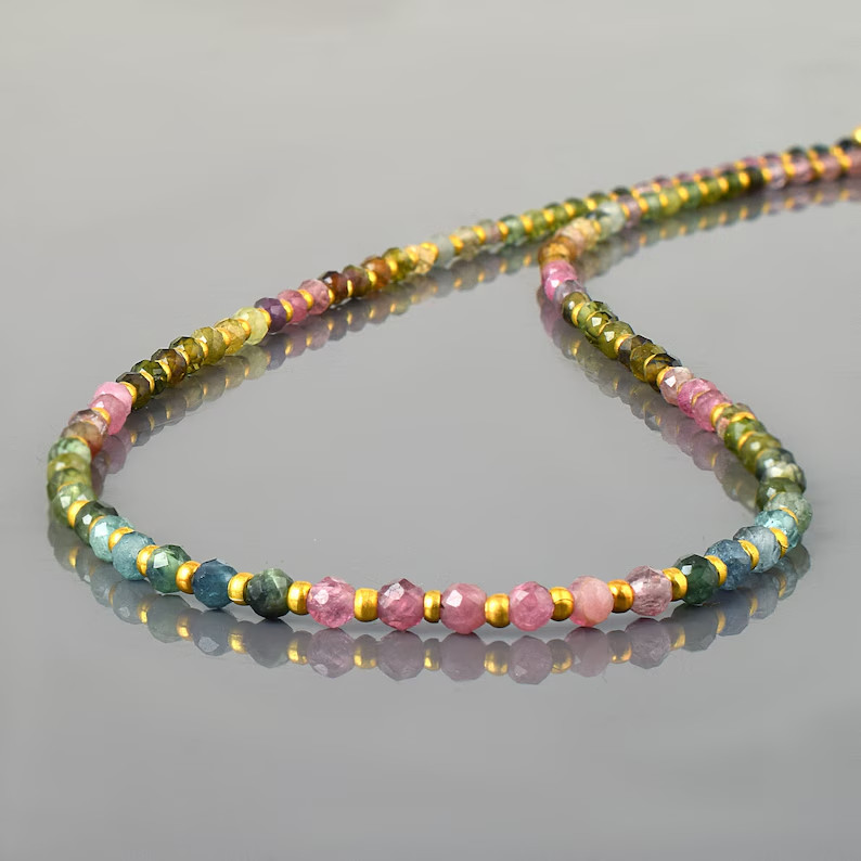 Natural Multi Tourmaline 3mm Round Beaded Necklace 925 Silver 18″ Handmade Gift
