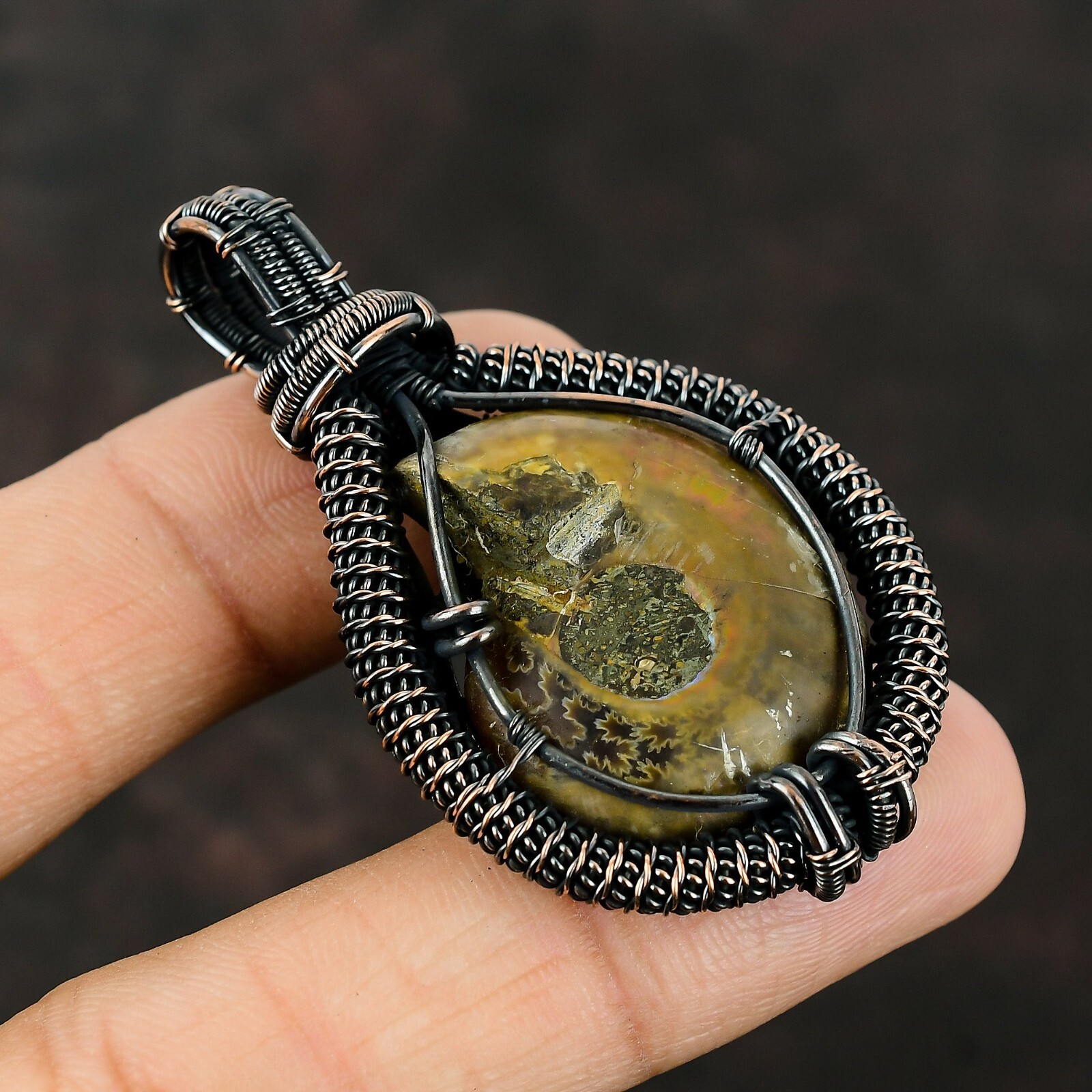Ammonite Fossil Jewelry Copper Gift For Sister Wire Wrapped Pendant 2.56″