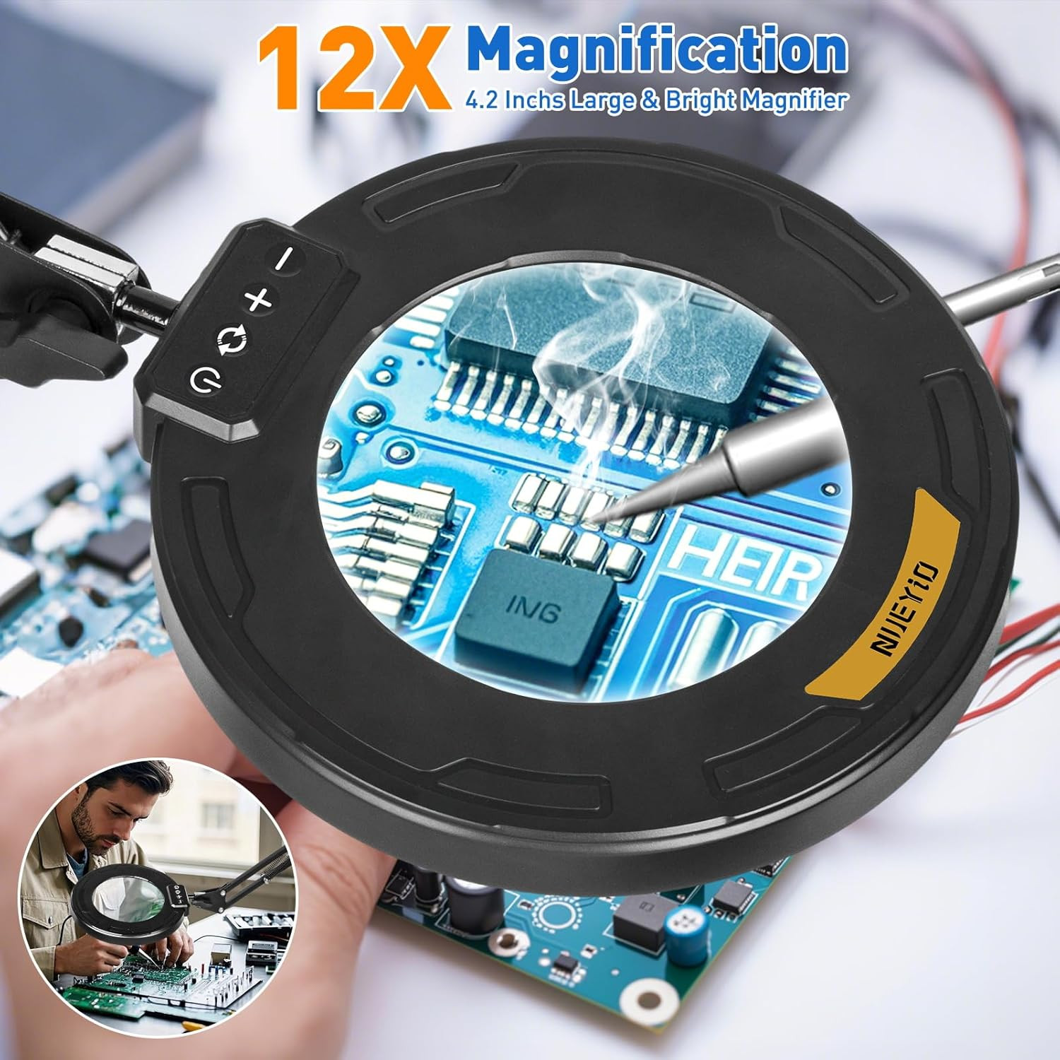 Ultra Long 3-Section Swing Arm 12X Magnifying Glass with Light and Stand, 4-Way