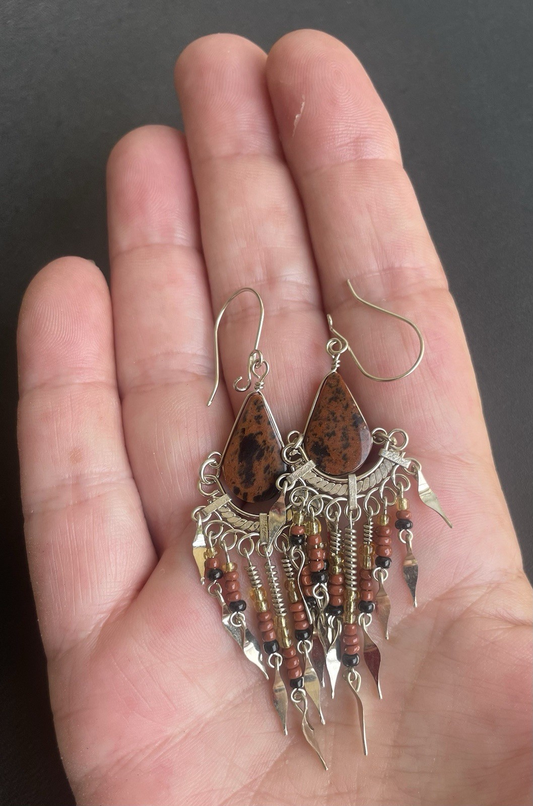 Peruvian Mahogany Obsidian Semi-Precious Stone Seed Bead Earrings Handmade Boho