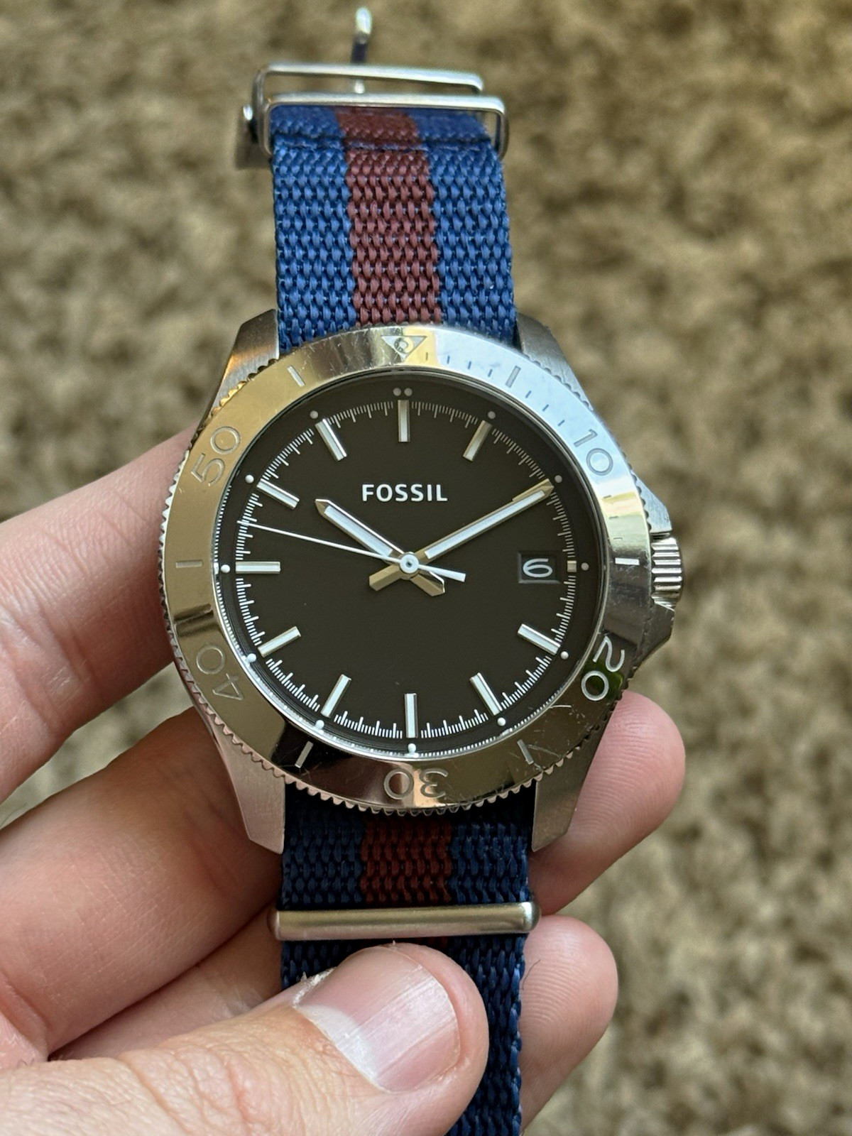 Fossil AM4443 Retro Traveler Mens Quartz Black Dial Date Nato Strap