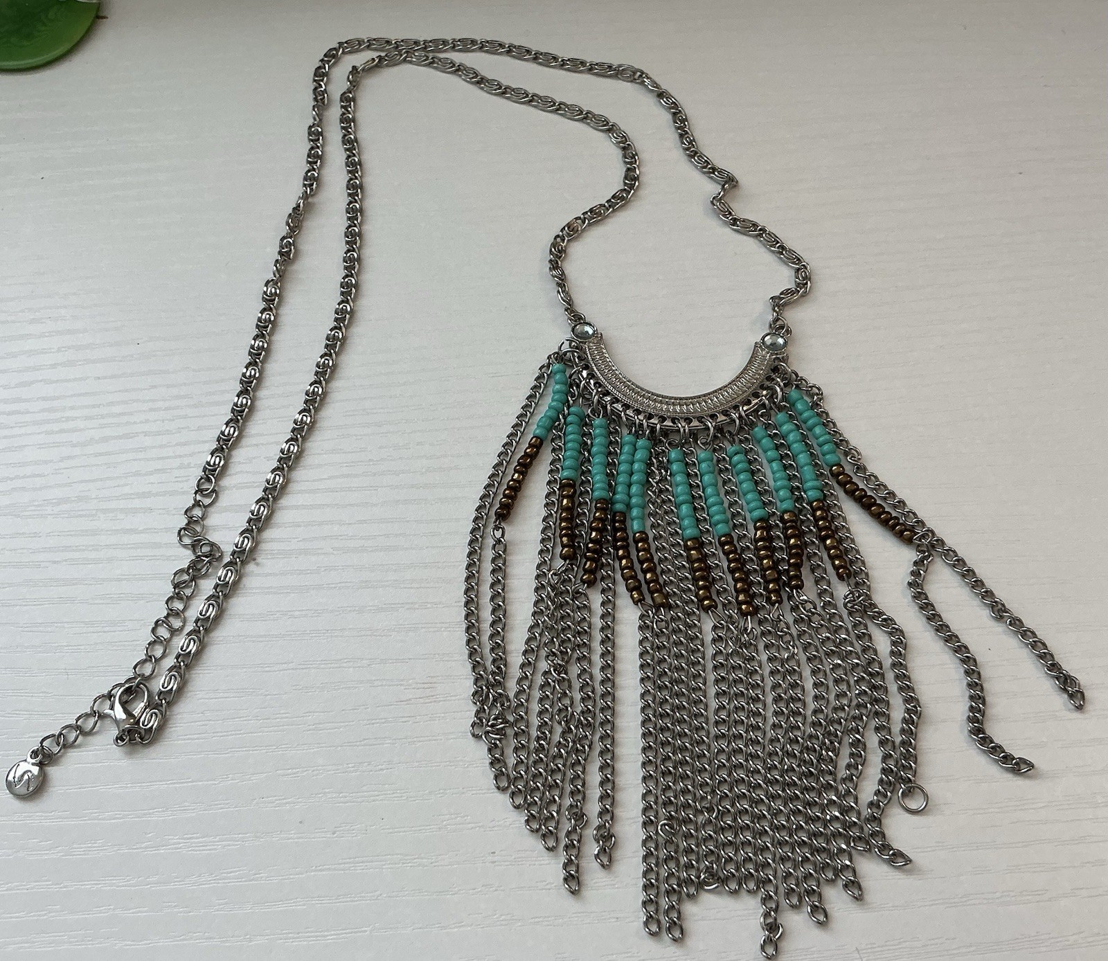Post 1955 Era Monet Bib Bohemian Turquoise&Bronze BeadFringeByzantine Necklace