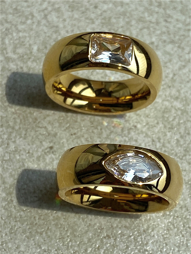 INS Fashion Woman 18k Gold Plated Stainless Steel CZ Wide Band Ring